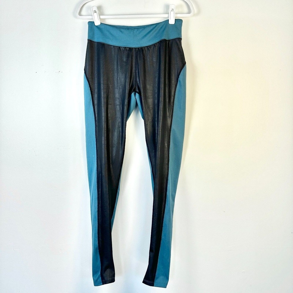 Soybu Legging Women L Teal Blue Black Wicking Faux Leather Colorblock Moto NWOT